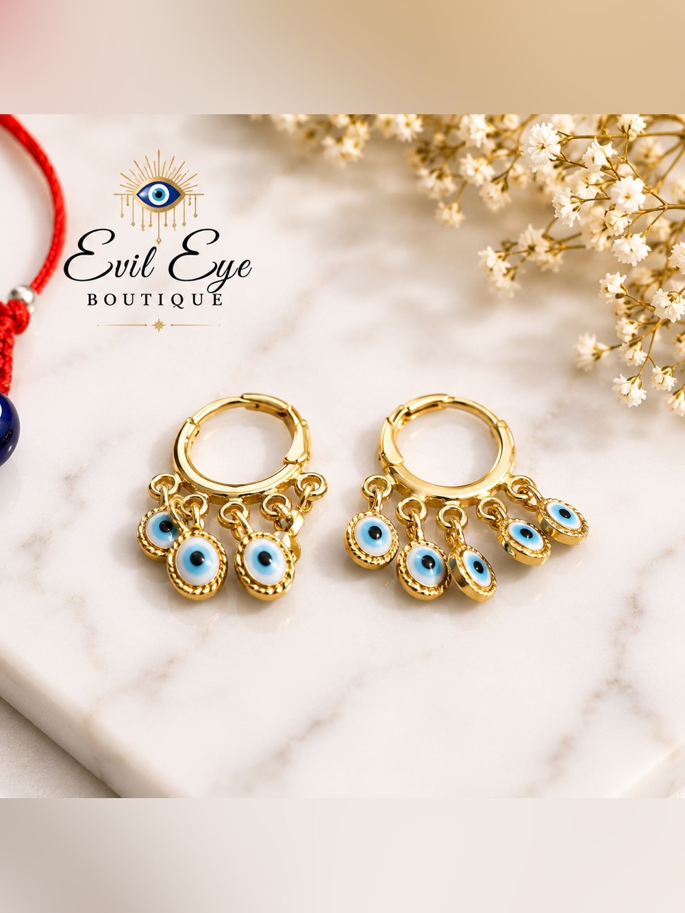 Gold Hoop Earrings with Blue Evil Eye Charms